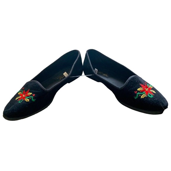 𝅺VINTAGE Tinsel Toes Black Velvet Poinsettia Embroidered Flats 8.5 - Picture 4 of 9